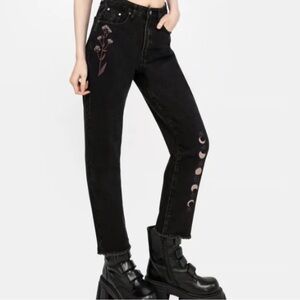Disturbia Black Ankle Jeans with Moon and Floral Design